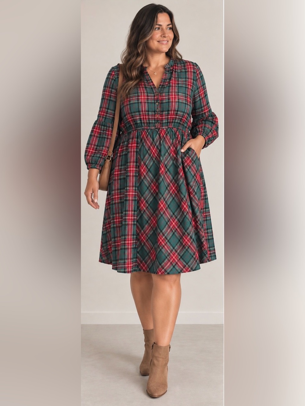 Christmas Plaid Long-Sleeve Midi Dress in Red and Green